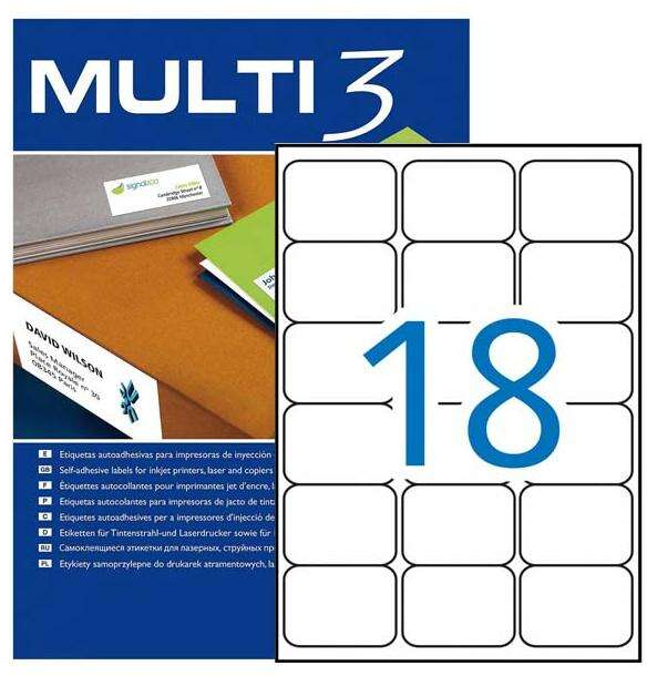 Caja 100 Hojas A4 con 18 Etiquetas por Hoja. 1800 Etiquetas 63,5x46,6 mm (Canto redondo)