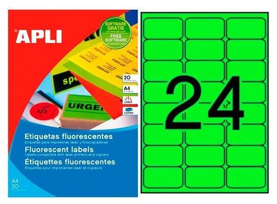 Apli Etiquetas Verde Fluorescente Permanentes 64.0 x 33.9mm 20 Hojas