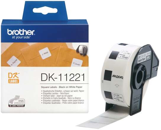 Brother DK11221 Etiquetas Originales Precortadas Cuadradas 23x23 mm 1000 Unidades Texto negro sobre fondo blanco