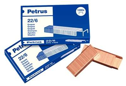 Petrus Pack de 4 Cajas de 1000 Grapas 22/6 Cobreadas Hasta 30 Hojas