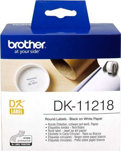 Brother DK11218 Etiquetas Originales Precortadas Circulares 24 mm de Diametro 1000 Unidades Texto negro sobre fondo blanco