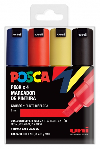 Estuche de 4 rotuladores Posca PC-8K Punta Biselada 8mm. Colores variados