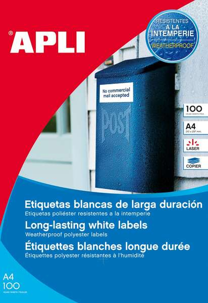 Apli Pack de 100 Etiquetas Resistentes Intemperie 210 x 297mm - Poliester con Acabado Mate - Cantos Rectos - Color Blanco