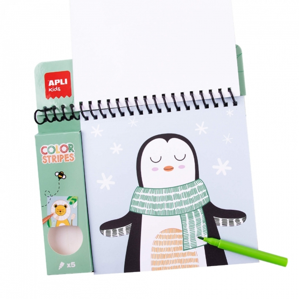 Imagen extra Apli Bloc de Espiral de Dibujos Trazos de Colores - 24 Paginas con 6 Diseños de Animales - Incluye 5 Rotuladores - Estimula Concentracion y Creatividad - Ideal para Viajes