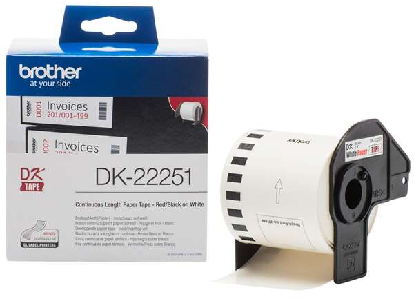 Brother DK22251 Etiquetas Originales de Ancho 62mm x 15,24 metros Texto rojo y negro sobre fondo blanco