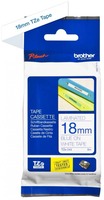 Imagen extra Brother TZe243 Cinta Laminada Original de Etiquetas Texto azul sobre fondo blanco Ancho 18mm x 8 metros