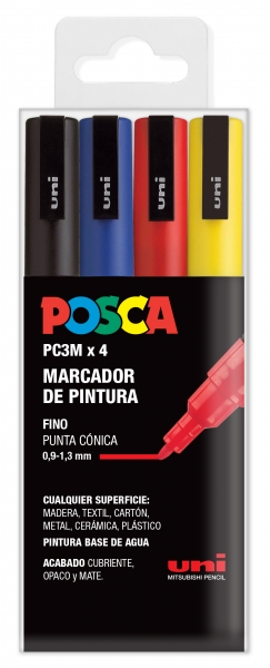 PACK de 4 rotuladores Posca PC-3M (Negro, Azul, Rojo y Amarillo), punta Fina 1,5mm Multisuperficie (cristal, madera, tela, plastico) 