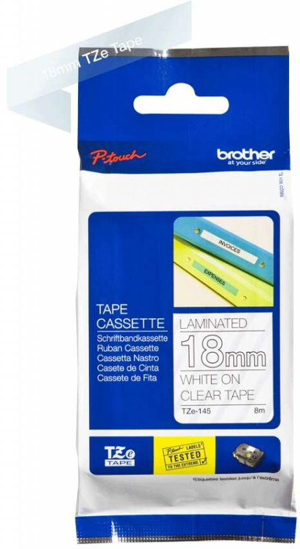 Imagen extra Brother TZe145 Cinta Laminada Original de Etiquetas Texto blanco sobre fondo transparente Ancho 18mm x 8 metros