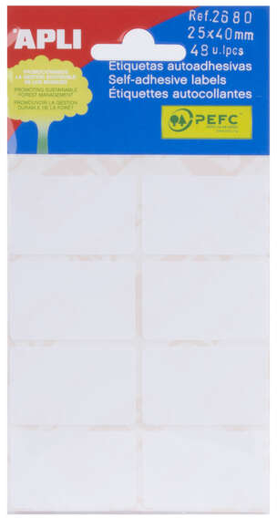 Apli Pack de 48 Etiquetas Blancas 25x40mm - Adhesivo Permanente - 8 Etiquetas por Hoja