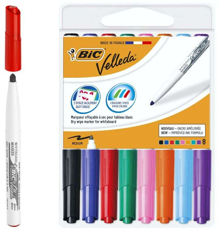 Bic Velleda 1741 Pack de 8 Rotuladores para Pizarra - Punta media con trazo de 1.4mm - Colores Surtidos