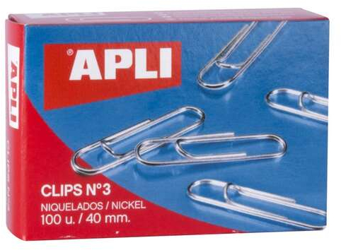 Clips niquelados APLI de 40mm. Caja de 100 clips. Numero 3