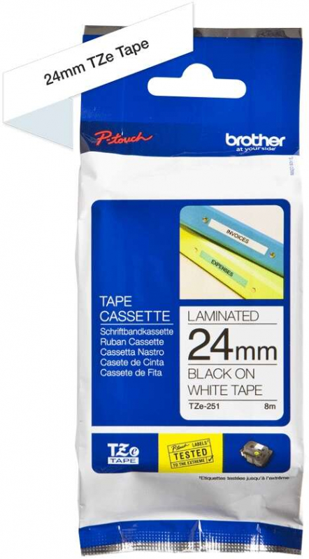 Imagen extra Brother TZe251 Cinta Laminada Original de Etiquetas Texto negro sobre fondo blanco Ancho 24mm x 8 metros