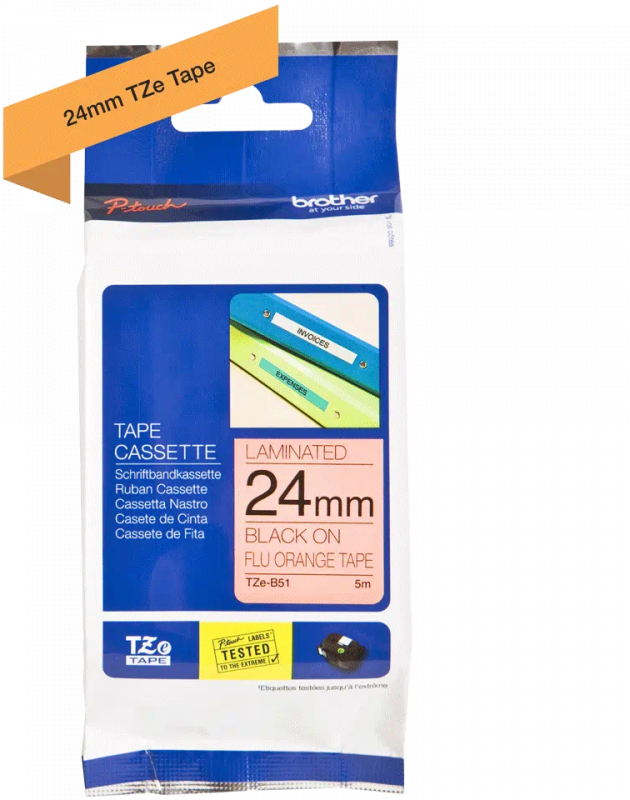 Imagen extra Brother TZeB51 Cinta Laminada Fluorescente Original de Etiquetas Texto negro sobre fondo blanco Ancho 24mm x 5 metros