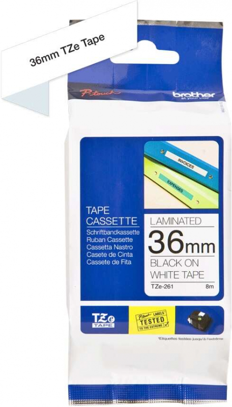 Imagen extra Brother TZe261 Cinta Laminada Original de Etiquetas Texto negro sobre fondo blanco Ancho 36mm x 8 metros