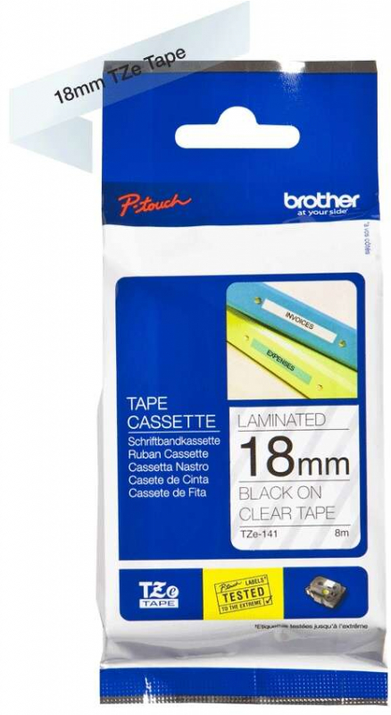 Imagen extra Brother TZe141 Cinta Laminada Original de Etiquetas Texto negro sobre fondo transparente Ancho 18mm x 8 metros