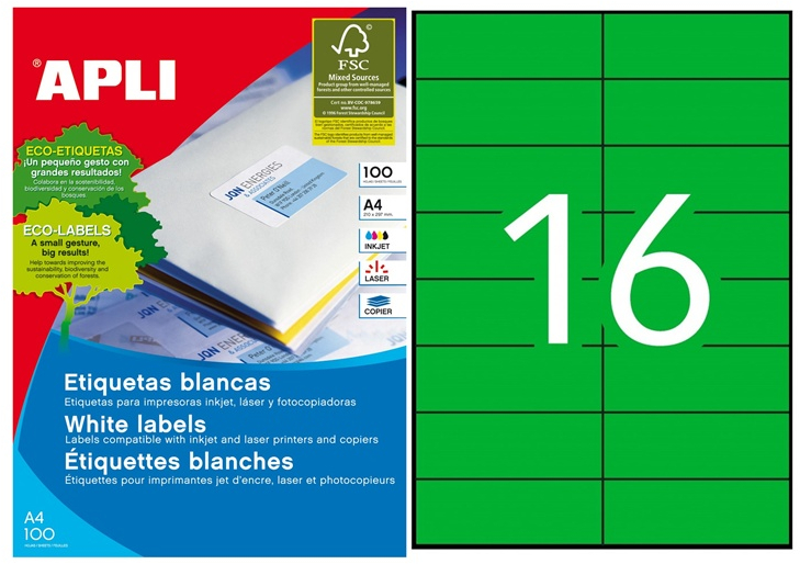 Apli Etiquetas Verdes Permanentes 105.0 x 37.0mm 100 Hojas