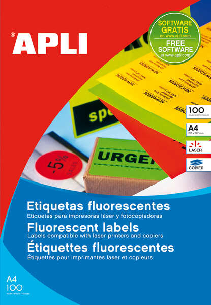 Imagen extra Apli Etiquetas Rojo Fluorescente Permanentes 210.0 x 297.0mm 100 Hojas