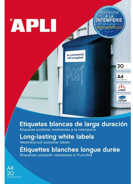 Apli Pack de 80 Etiquetas Permanentes 105x148mm - Fabricadas en Poliester - Cantos rectos - Resistentes a la Intemperie - Color Blanco
