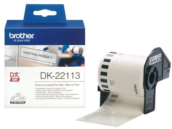 Brother DK22113 Etiquetas Originales de Ancho 62mm x 15,24 metros Texto negro sobre fondo transparente