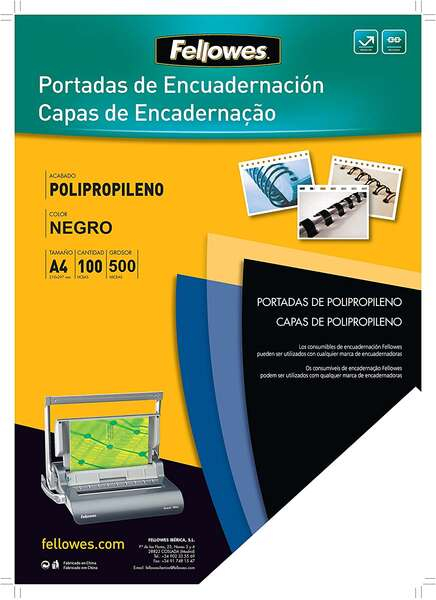 Fellowes Caja 100 Portadas de encuadernacion A4 RIGIDAS Plastico de 500 Micras NEGRAS