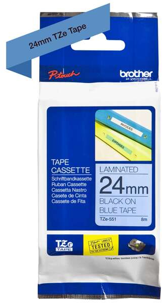 Imagen extra Brother TZe551 Cinta Laminada Original de Etiquetas Texto negro sobre fondo azul Ancho 24mm x 8 metros