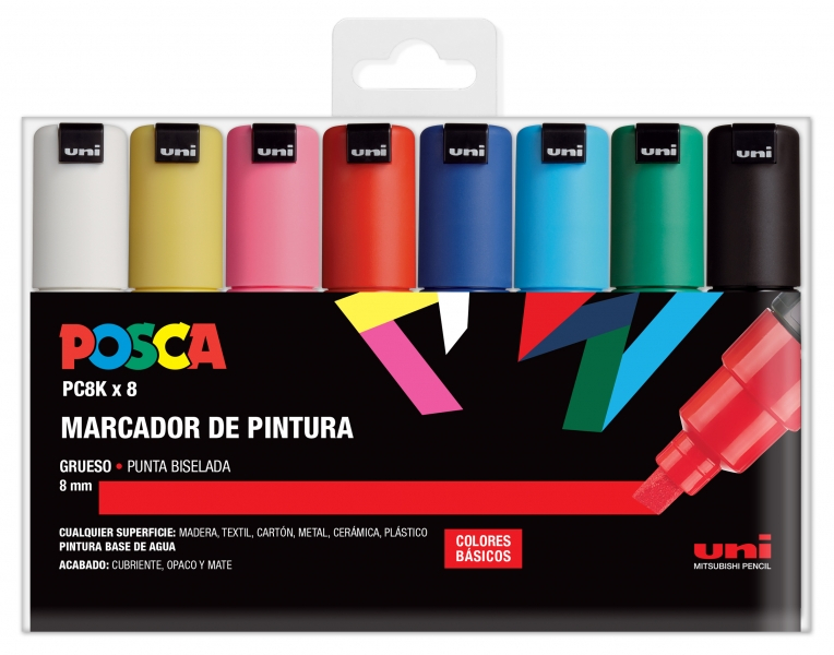 Estuche de 8 rotuladores Posca PC-8K/8C Punta Biselada 8mm. Varios colores