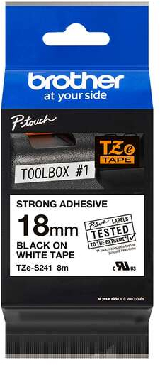 Brother TZeS241 Cinta Laminada Super Adhesiva Original de Etiquetas Texto negro sobre fondo blanco Ancho 18mm x 8 metros