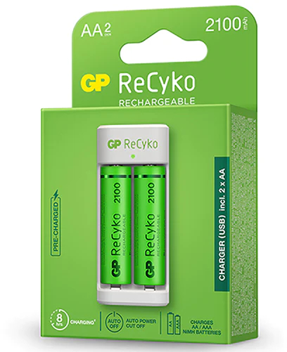 GP ReCyko Pack de Cargador USB + 2 Pilas Recargables 2100mAh AA