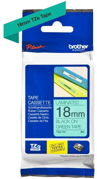 Imagen extra Brother TZe741 Cinta Laminada Original de Etiquetas Texto negro sobre fondo verde Ancho 18mm x 8 metros