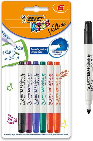 Bic Kids Mini Velleda Pack de 6 Rotuladores para Pizarra - Punta Bloqueada - Colores Surtidos