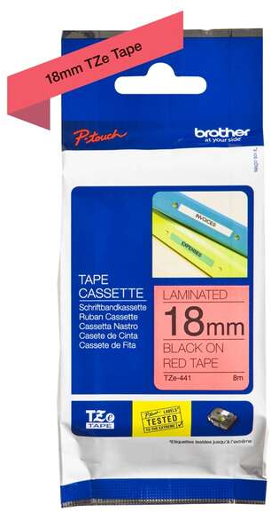 Imagen extra Brother TZe441 Cinta Laminada Original de Etiquetas Texto negro sobre fondo rojo Ancho 18mm x 8 metros