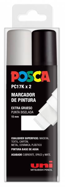 Estuche de 2 rotuladores Posca PC-17K Punta Biselada de 15mm (Blanco y Negro)