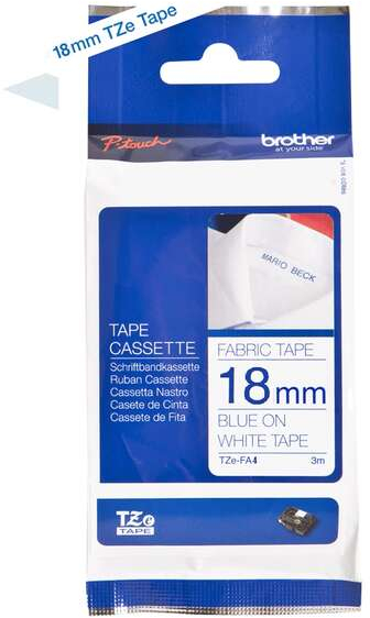 Imagen extra Brother TZeFA4 Cinta Textil Original de Etiquetas Texto azul sobre fondo blanco Ancho 18mm x 3 metros