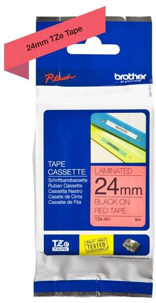 Imagen extra Brother TZe451 Cinta Laminada Original de Etiquetas Texto negro sobre fondo rojo Ancho 24mm x 8 metros