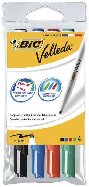 Bic Velleda 1741 Pack de 4 Rotuladores para Pizarra - Punta media con trazo de 1.4mm - Colores Surtidos