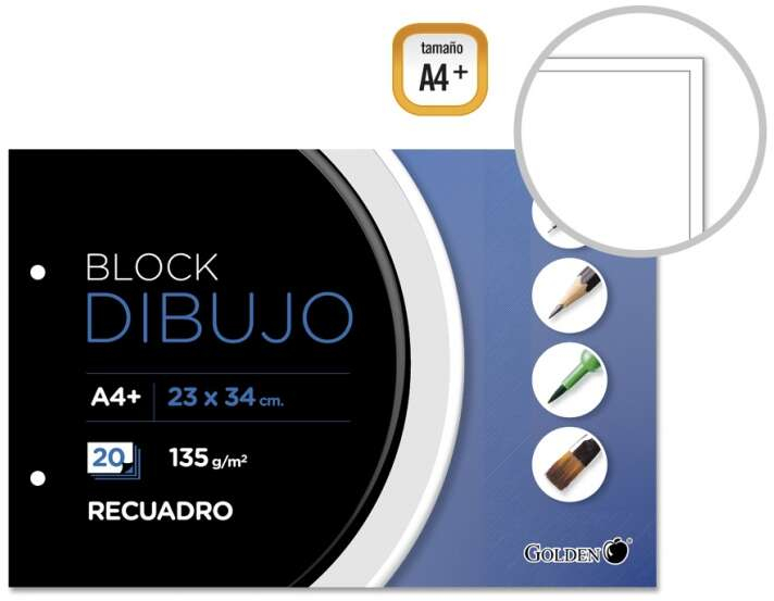 Golden Bloc de Dibujo A4+ 20 Hojas con Recuadro Interior A4 - Papel de 135gr - Encolado con 2 Taladros