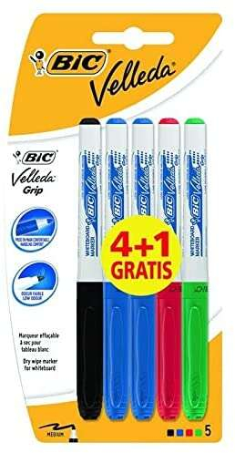 Bic Velleda Grip 4+1 Pack de 5 Rotuladores para Pizarra - Zona con Grip - Punta media con trazo de 1.2mm - Colores Surtidos