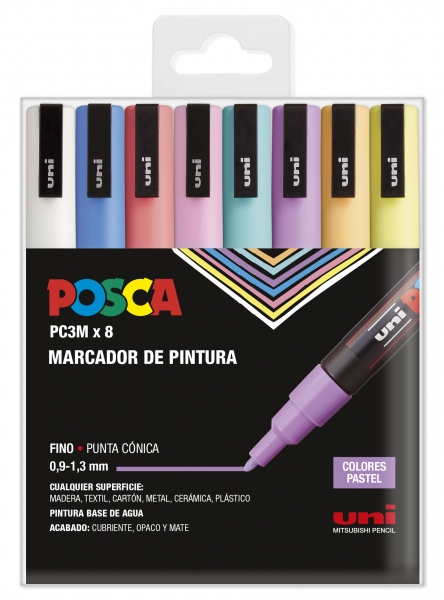 PACK de 8 rotuladores Posca PC-3M Colores PASTEL, punta Fina 1,5mm Multisuperficie (cristal, madera, tela, plastico)