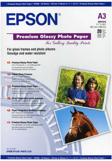 Epson C13S041315 Papel Fotografico A3 255gr - Acabado Brillante - 20 Hojas - para Impresoras de Tinta