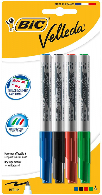 Bic Velleda 1741 Pack de 4 Rotuladores para Pizarra - Punta media con trazo de 1.4mm - Colores Surtidos