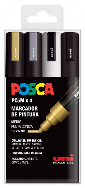 PACK 4 Rotuladores Posca PC-5M (Oro, Plata, Blanco y Negro) Punta de Bala 1.8-2.5mm