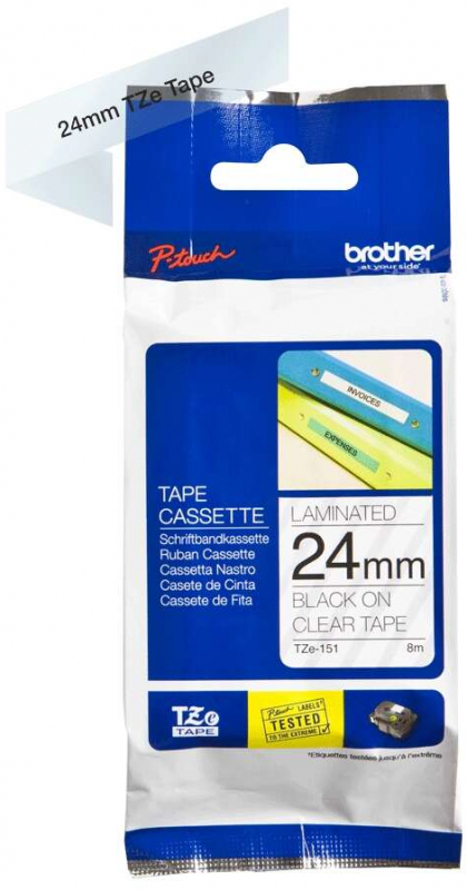 Imagen extra Brother TZe151 Cinta Laminada Original de Etiquetas Texto negro sobre fondo transparente Ancho 24mm x 8 metros