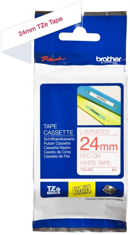 Imagen extra Brother TZe252 Cinta Laminada Original de Etiquetas Texto rojo sobre fondo blanco Ancho 24mm x 8 metros
