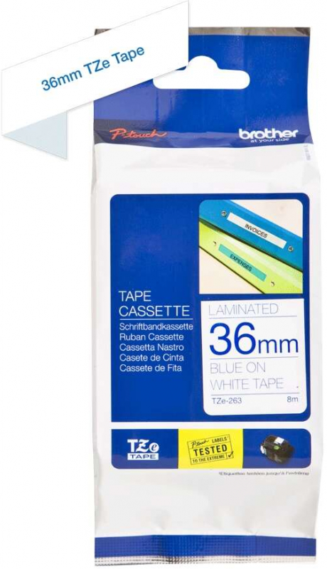 Imagen extra Brother TZe263 Cinta Laminada Original de Etiquetas Texto azul sobre fondo blanco Ancho 36mm x 8 metros