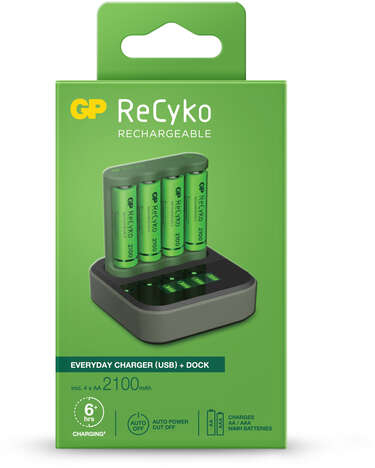 GP ReCyko B421 Dock Pack de Cargador Everyday USB 4 Espacios + Base de Carga + 4 Pilas Recargables 2100mAh AA