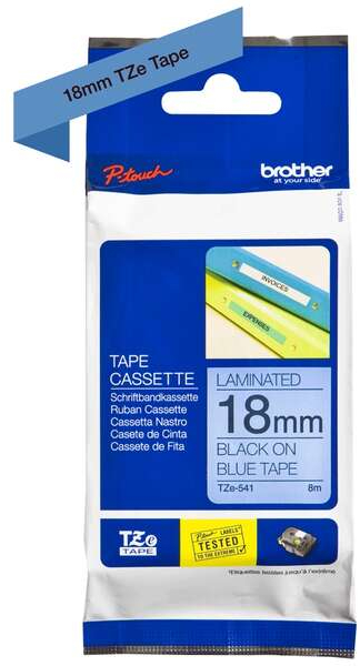 Imagen extra Brother TZe541 Cinta Laminada Original de Etiquetas Texto negro sobre fondo azul Ancho 18mm x 8 metros