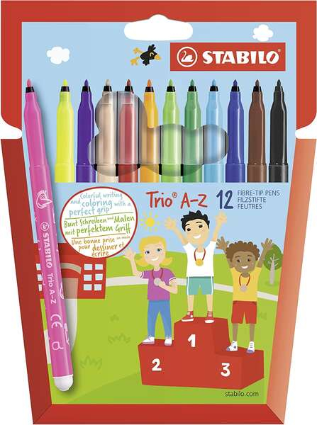 Stabilo Trio AZ Pack de 12 Rotulador de Punta Fina de Fibra. Colores Surtidos