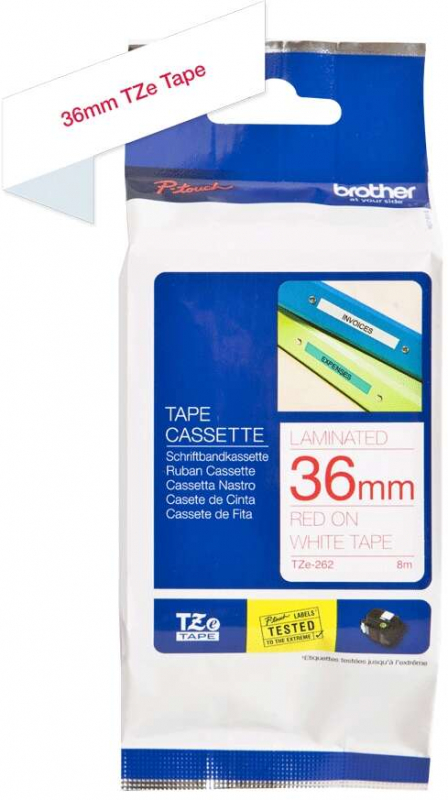 Imagen extra Brother TZe262 Cinta Laminada Original de Etiquetas Texto rojo sobre fondo blanco Ancho 36mm x 8 metros