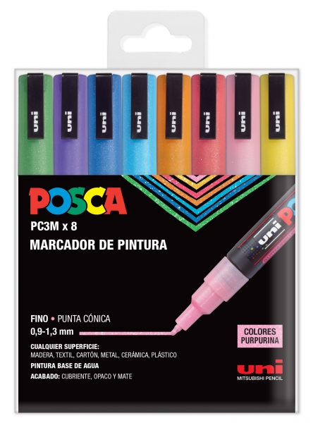 PACK de 4 rotuladores Posca PC-3M Colores PURPURINA, punta Fina 1,5mm Multisuperficie (cristal, madera, tela, plastico)