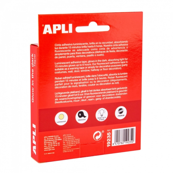 Imagen extra Cinta Adhesiva Luminiscente (brilla hasta 6 Horas)  Blanco. Apli 19235